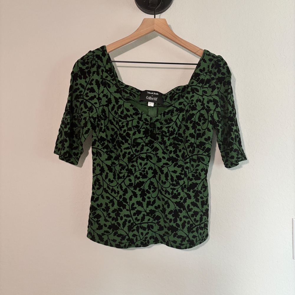 ModCloth x Collectif Top XL Flocked Velvet Oak Leaf Green Retro Pinup Blouse
